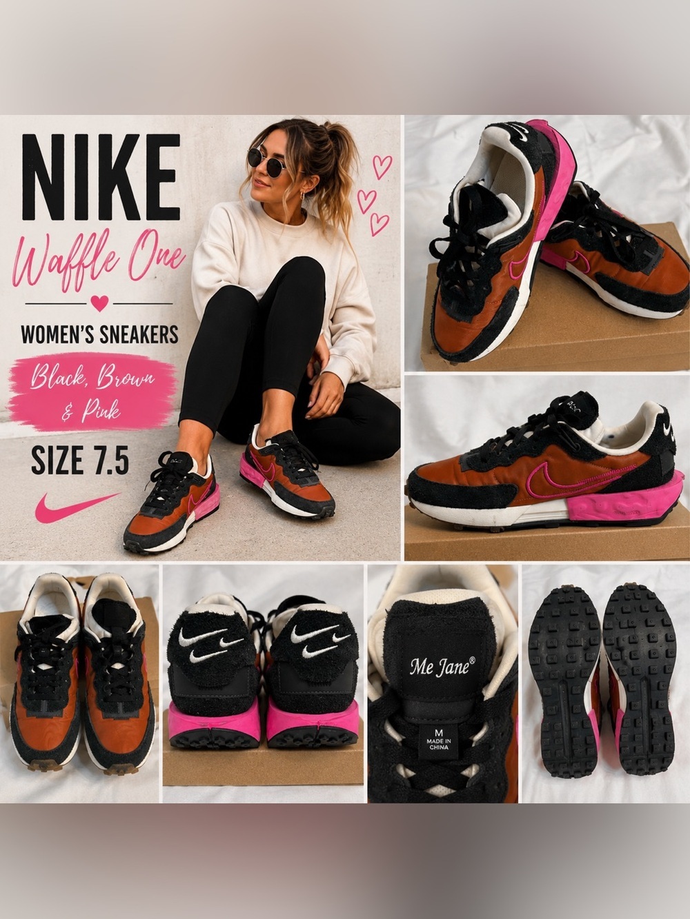Nike Waffle One Sneakers Women’s Size 7.5 Black Brown Pink Running Shoes